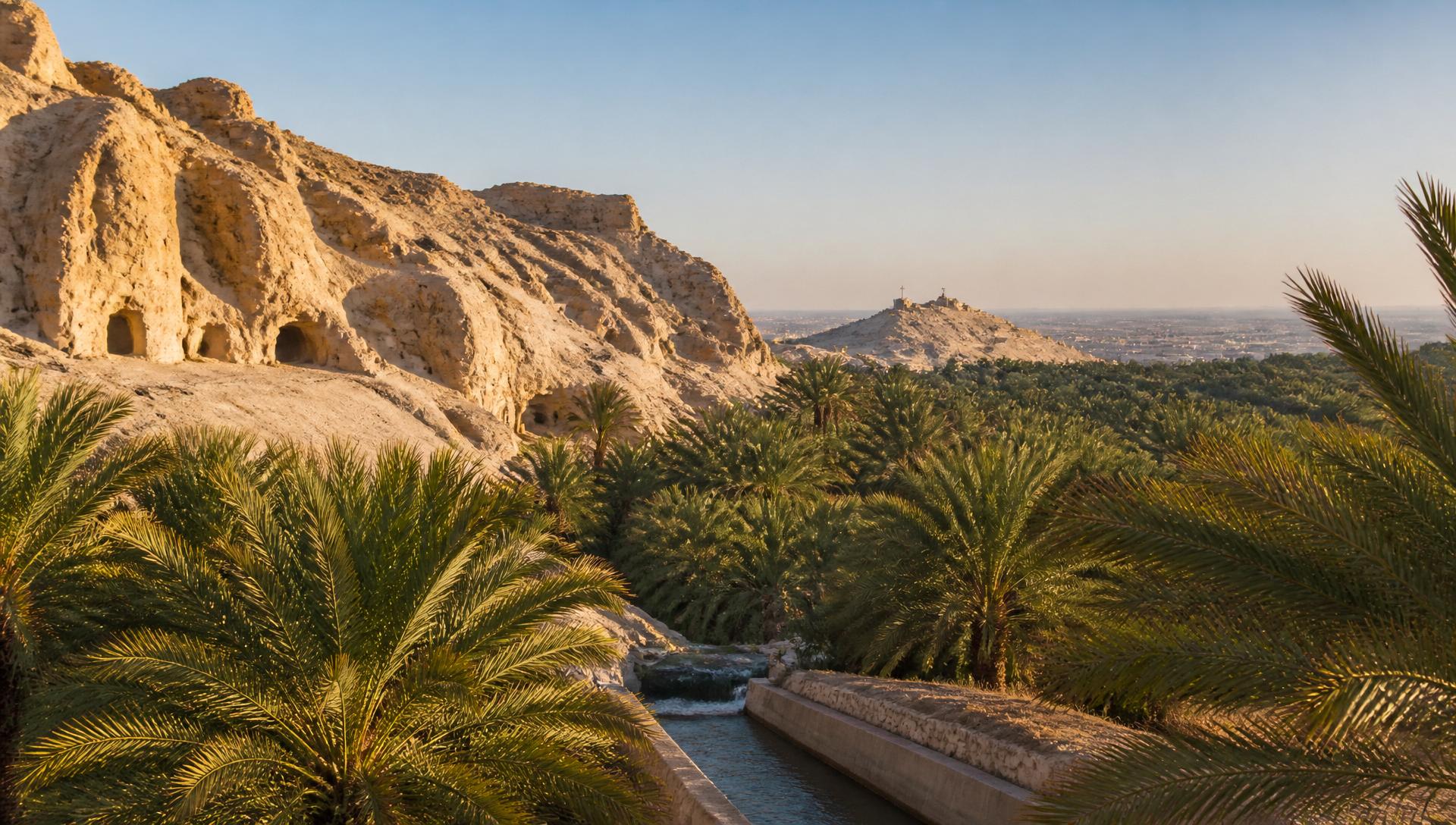 جبل القارة والنخيل وقنوات الري في الأحساء